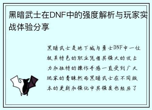黑暗武士在DNF中的强度解析与玩家实战体验分享