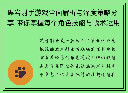 黑岩射手游戏全面解析与深度策略分享 带你掌握每个角色技能与战术运用技巧